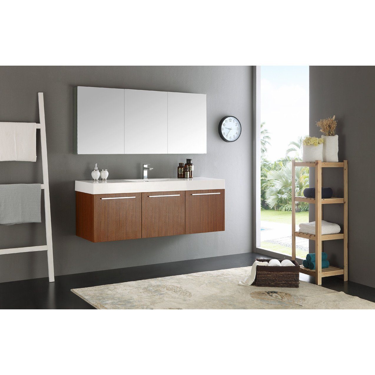 Fresca Vista 60" Teak Wall Hung Single Sink Modern Bathroom Vanity w/ Medicine Cabinet & Free Faucet Vanity Fresca 