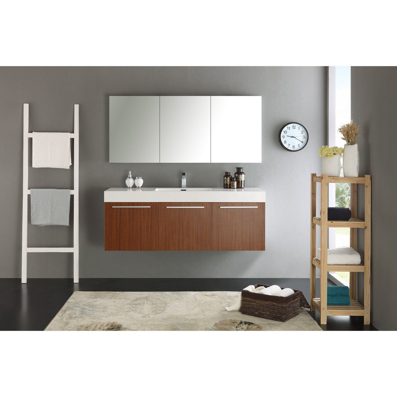 Fresca Vista 60" Teak Wall Hung Single Sink Modern Bathroom Vanity w/ Medicine Cabinet & Free Faucet Vanity Fresca 