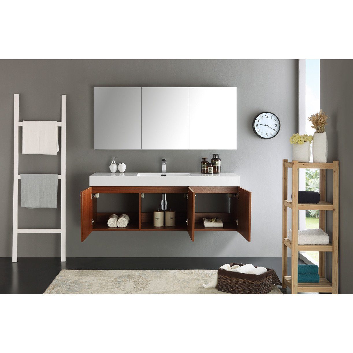 Fresca Vista 60" Teak Wall Hung Single Sink Modern Bathroom Vanity w/ Medicine Cabinet & Free Faucet Vanity Fresca 