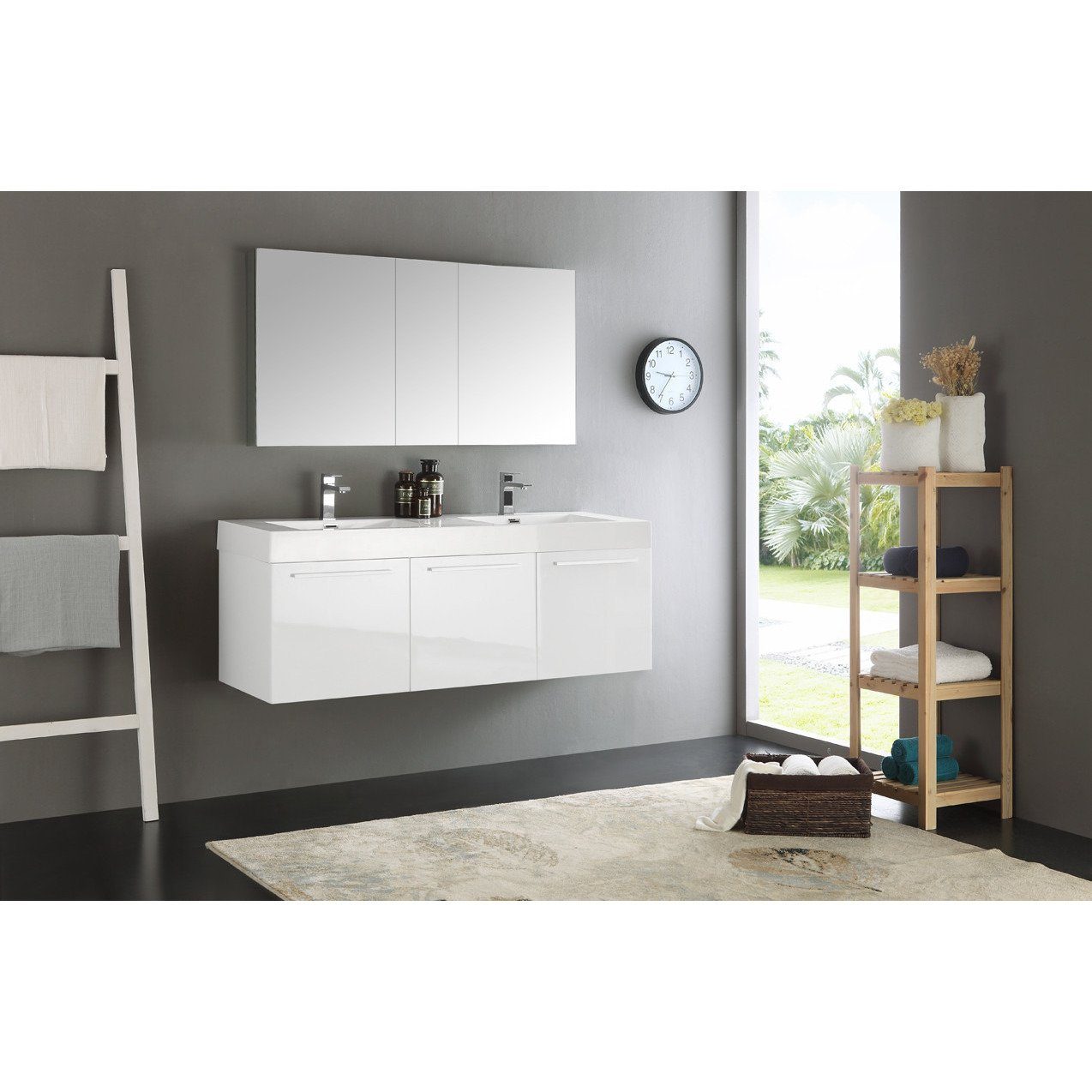 Fresca Vista 60" White Wall Hung Double Sink Modern Bathroom Vanity w/ Medicine Cabinet & Free Faucet Vanity Fresca 