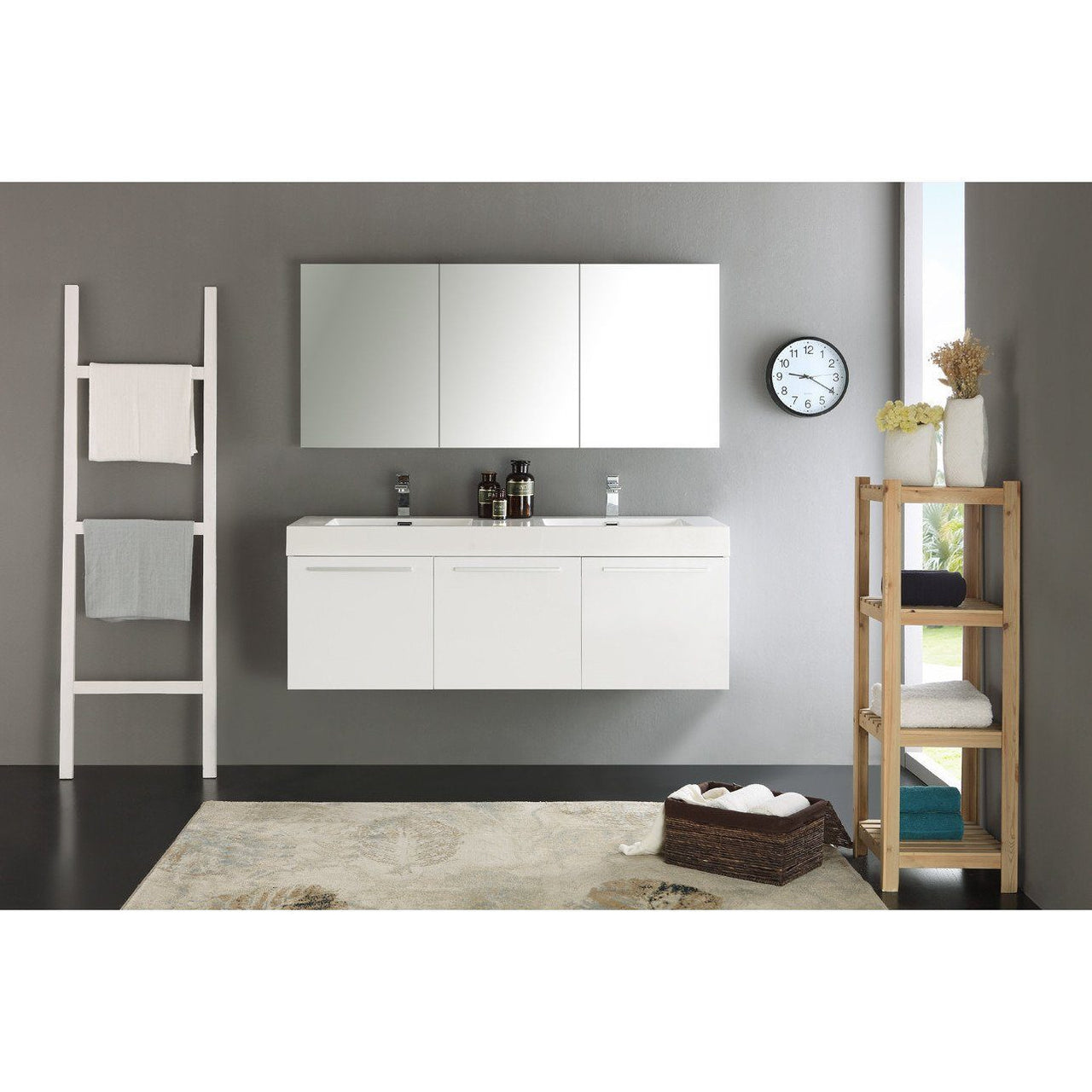 Fresca Vista 60" White Wall Hung Double Sink Modern Bathroom Vanity w/ Medicine Cabinet & Free Faucet Vanity Fresca 