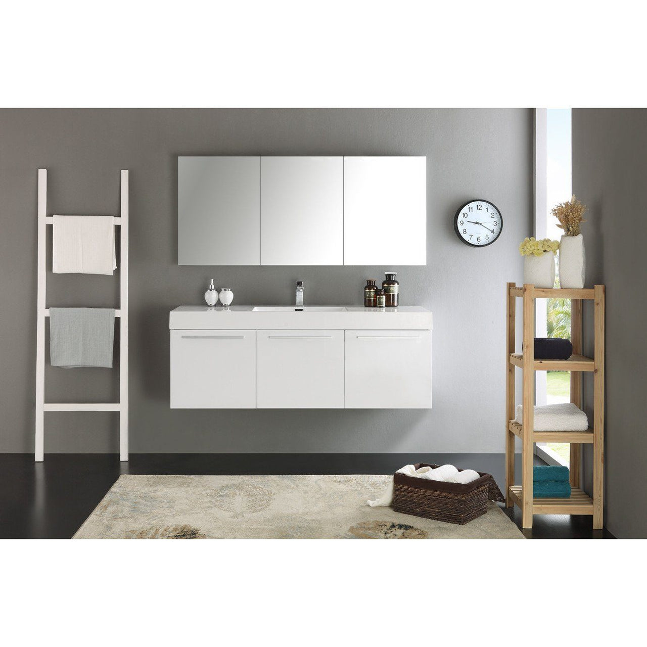 Fresca Vista 60" White Wall Hung Single Sink Modern Bathroom Vanity w/ Medicine Cabinet & Free Faucet Vanity Fresca 