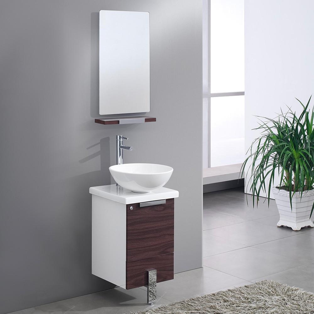 Adour 16" Dark Walnut Modern Bathroom Vanity w/ Mirror & Free Faucet Vanity Fresca 