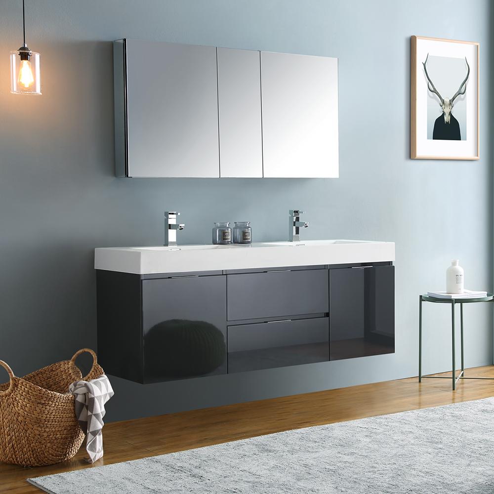 Fresca Valencia 60" Wall Hung Double Sink Modern Bathroom Vanity w/ Medicine Cabinet Vanity Fresca 