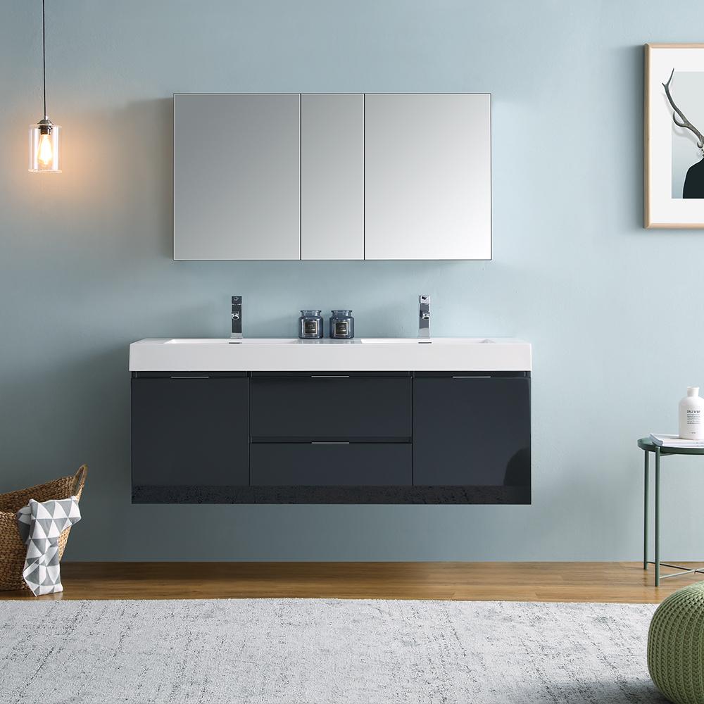 Fresca Valencia 60" Wall Hung Double Sink Modern Bathroom Vanity w/ Medicine Cabinet Vanity Fresca 