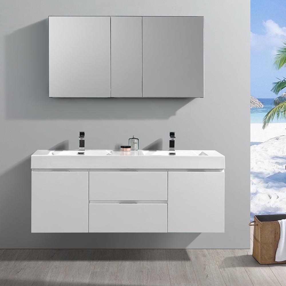 Fresca Valencia 60" Wall Hung Double Sink Modern Bathroom Vanity w/ Medicine Cabinet Vanity Fresca 