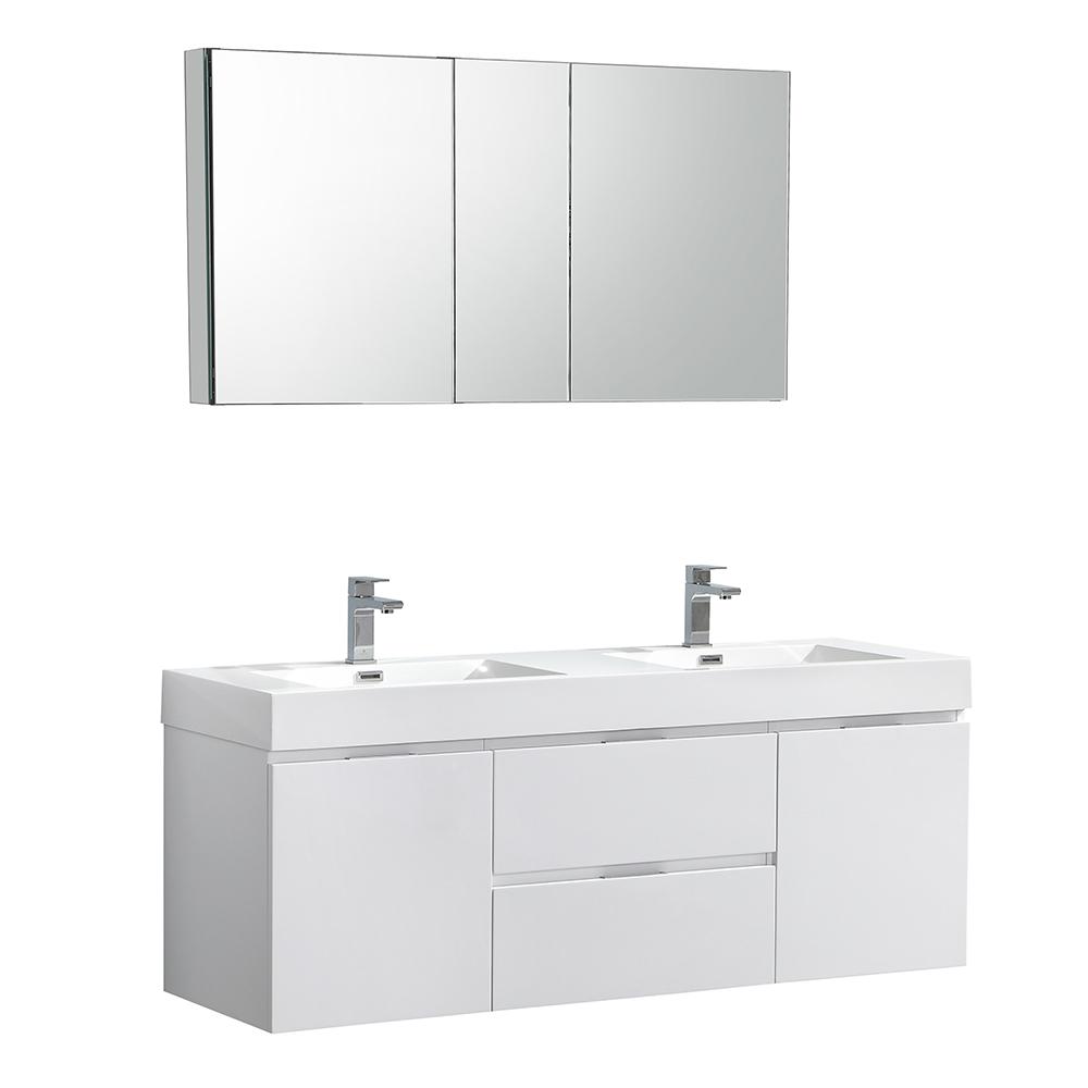 Fresca Valencia 60" Wall Hung Double Sink Modern Bathroom Vanity w/ Medicine Cabinet Vanity Fresca Glossy White 