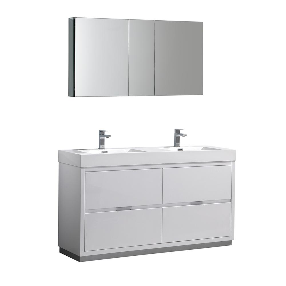 Fresca Valencia 60" Free Standing Double Sink Modern Bathroom Vanity w/ Medicine Cabinet Vanity Fresca Glossy White 