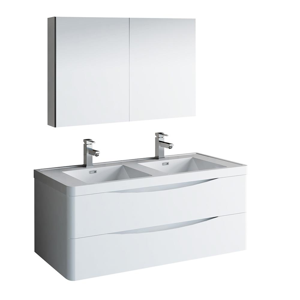 Fresca Tuscany 48" Wall Hung Double Sink Modern Bathroom Vanity w/ Medicine Cabinet Vanity Fresca Glossy White 