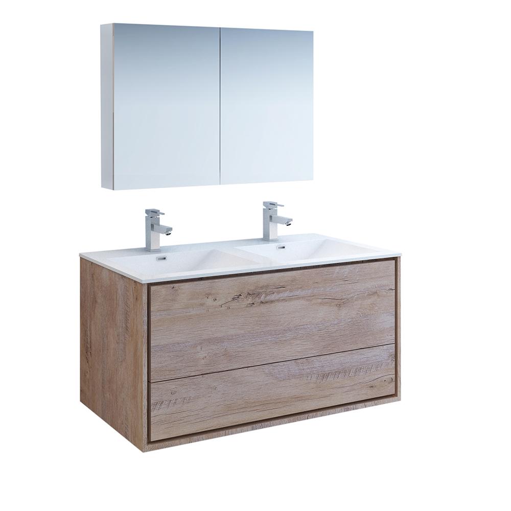 Fresca Catania 48" Wall Hung Double Sink Modern Bathroom Vanity w/ Medicine Cabinet Vanity Fresca Rustic Natural Wood 