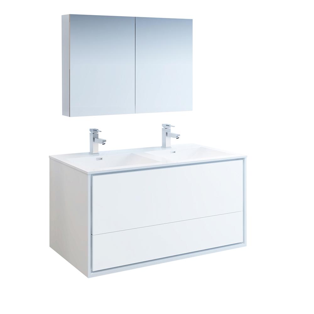 Fresca Catania 48" Wall Hung Double Sink Modern Bathroom Vanity w/ Medicine Cabinet Vanity Fresca Glossy White 