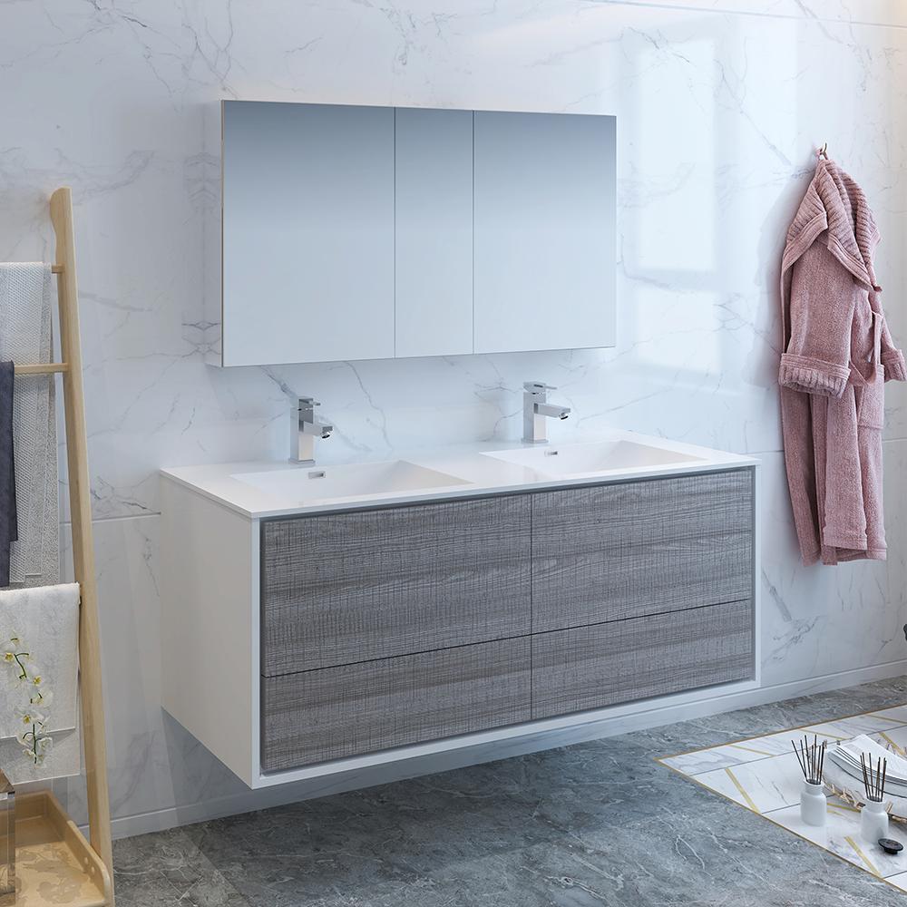Fresca Catania 60" Wall Hung Double Sink Modern Bathroom Vanity w/ Medicine Cabinet Vanity Fresca 