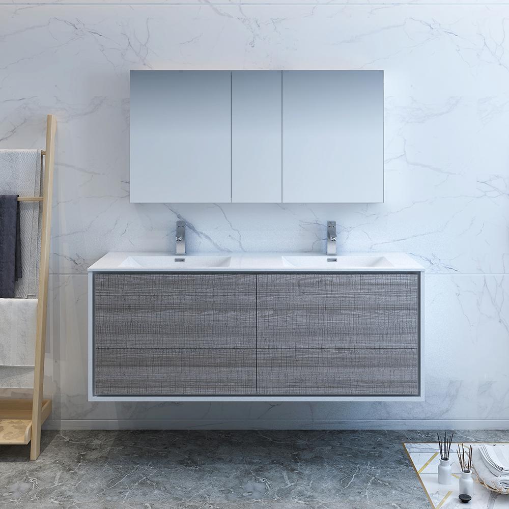 Fresca Catania 60" Wall Hung Double Sink Modern Bathroom Vanity w/ Medicine Cabinet Vanity Fresca 