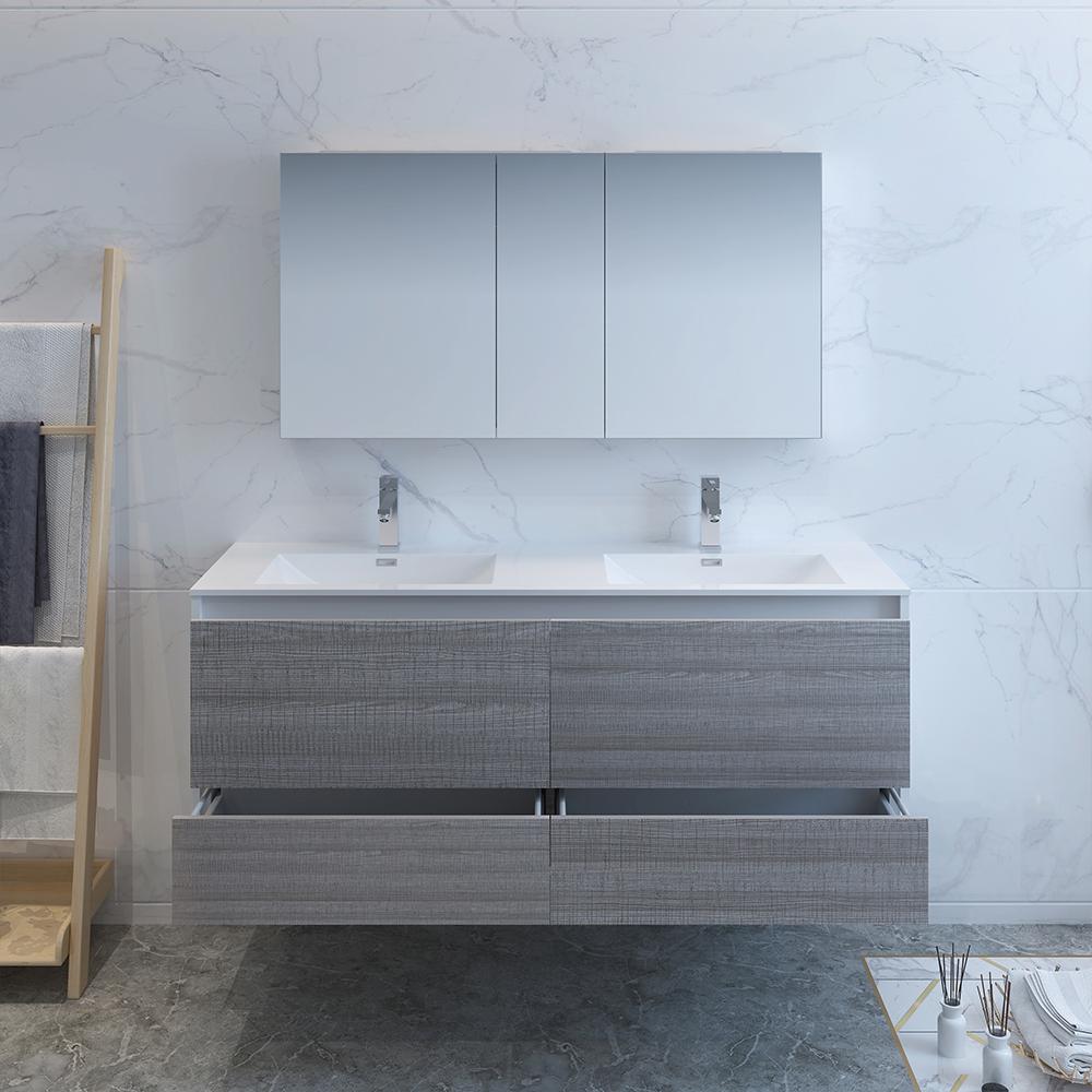 Fresca Catania 60" Wall Hung Double Sink Modern Bathroom Vanity w/ Medicine Cabinet Vanity Fresca 