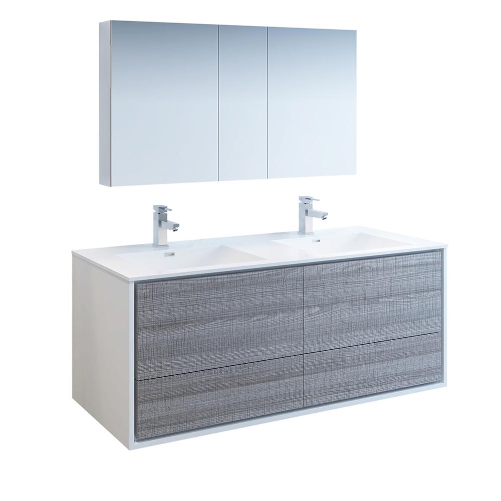 Fresca Catania 60" Wall Hung Double Sink Modern Bathroom Vanity w/ Medicine Cabinet Vanity Fresca Glossy Ash Gray 