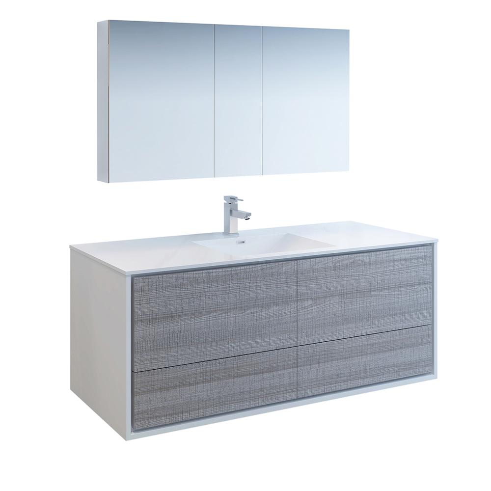 Fresca Catania 60" Wall Hung Single Sink Modern Bathroom Vanity w/ Medicine Cabinet Vanity Fresca Glossy Ash Gray 