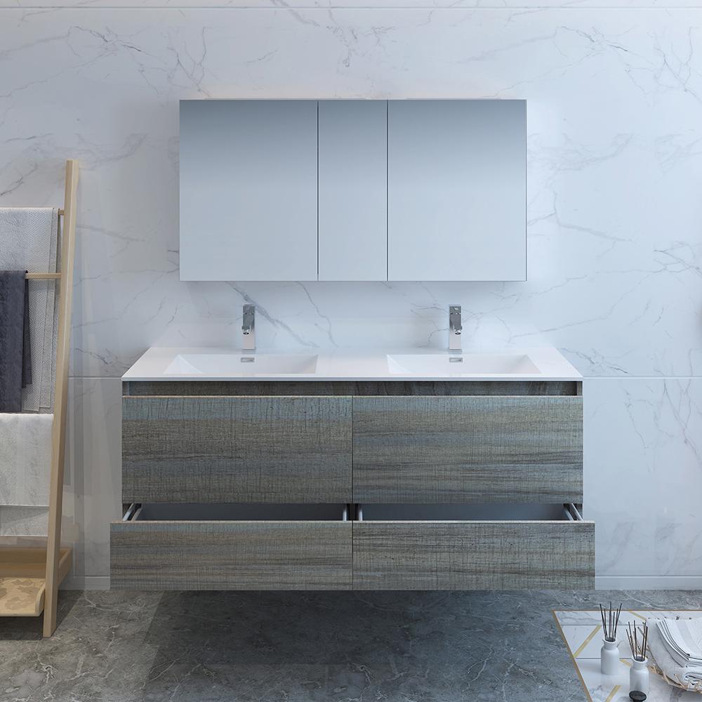 Fresca Catania 60" Wall Hung Double Sink Modern Bathroom Vanity w/ Medicine Cabinet Vanity Fresca 