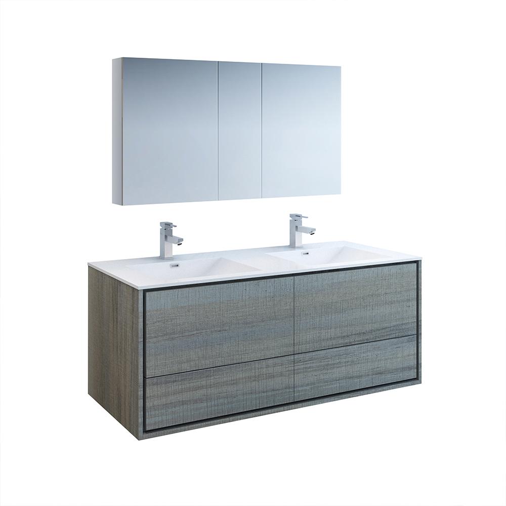Fresca Catania 60" Wall Hung Double Sink Modern Bathroom Vanity w/ Medicine Cabinet Vanity Fresca Ocean Gray 