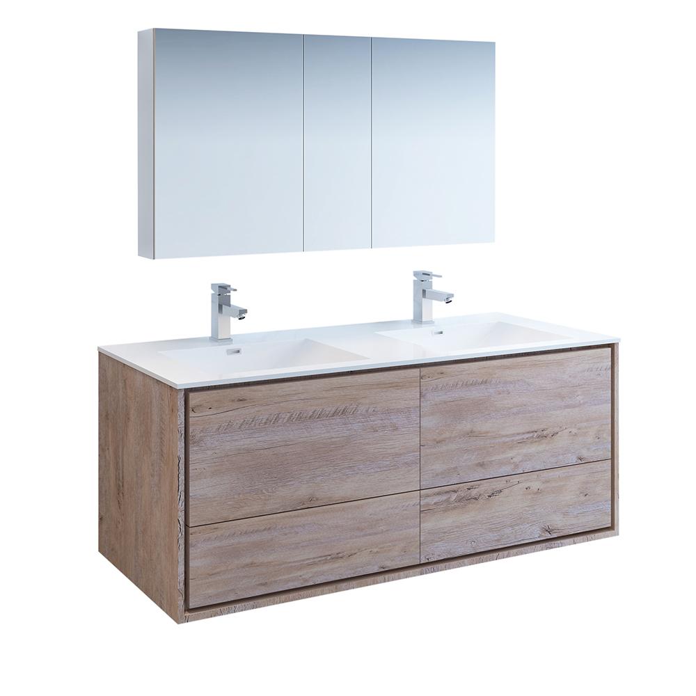 Fresca Catania 60" Wall Hung Double Sink Modern Bathroom Vanity w/ Medicine Cabinet Vanity Fresca Rustic Natural Wood 