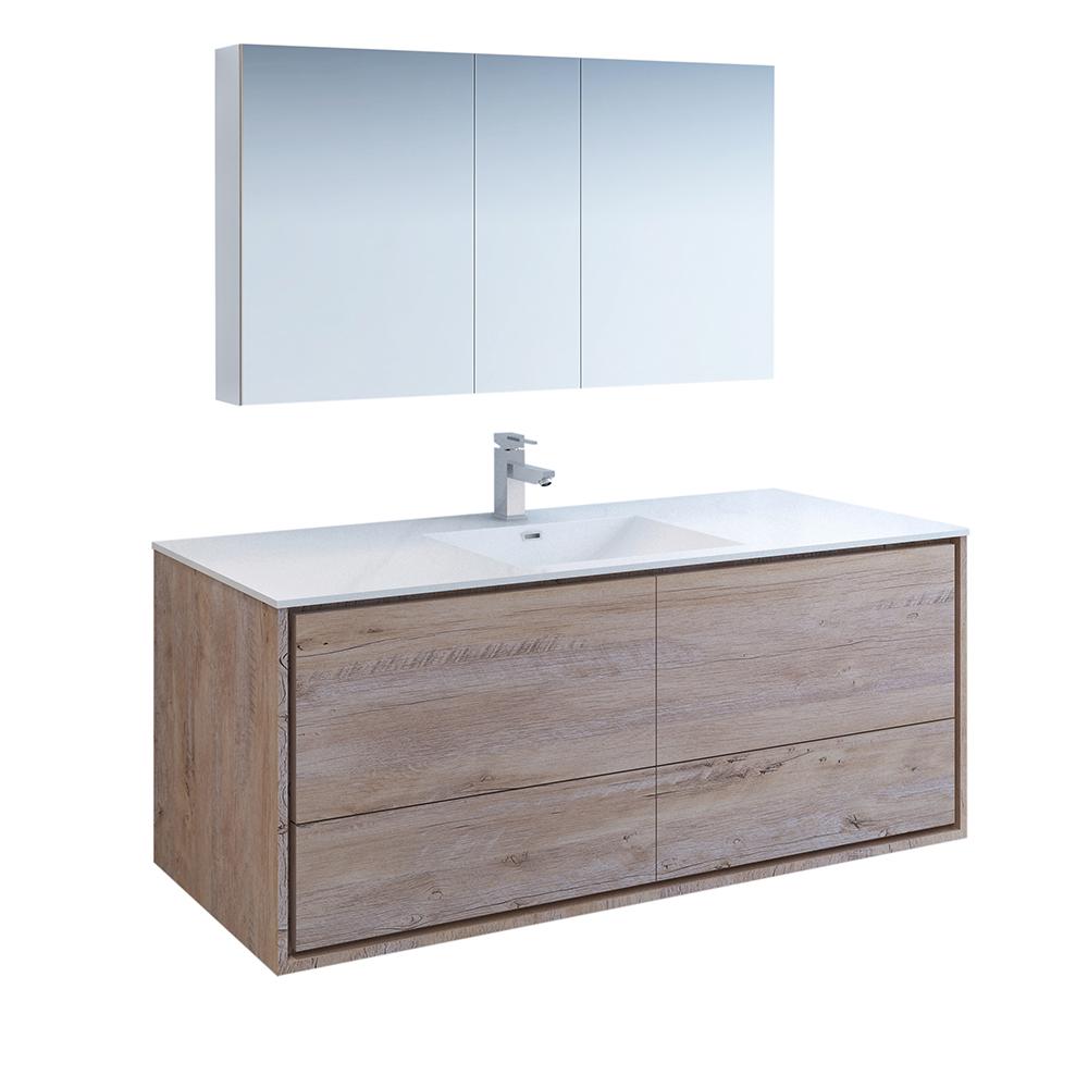 Fresca Catania 60" Wall Hung Single Sink Modern Bathroom Vanity w/ Medicine Cabinet Vanity Fresca Rustic Natural Wood 
