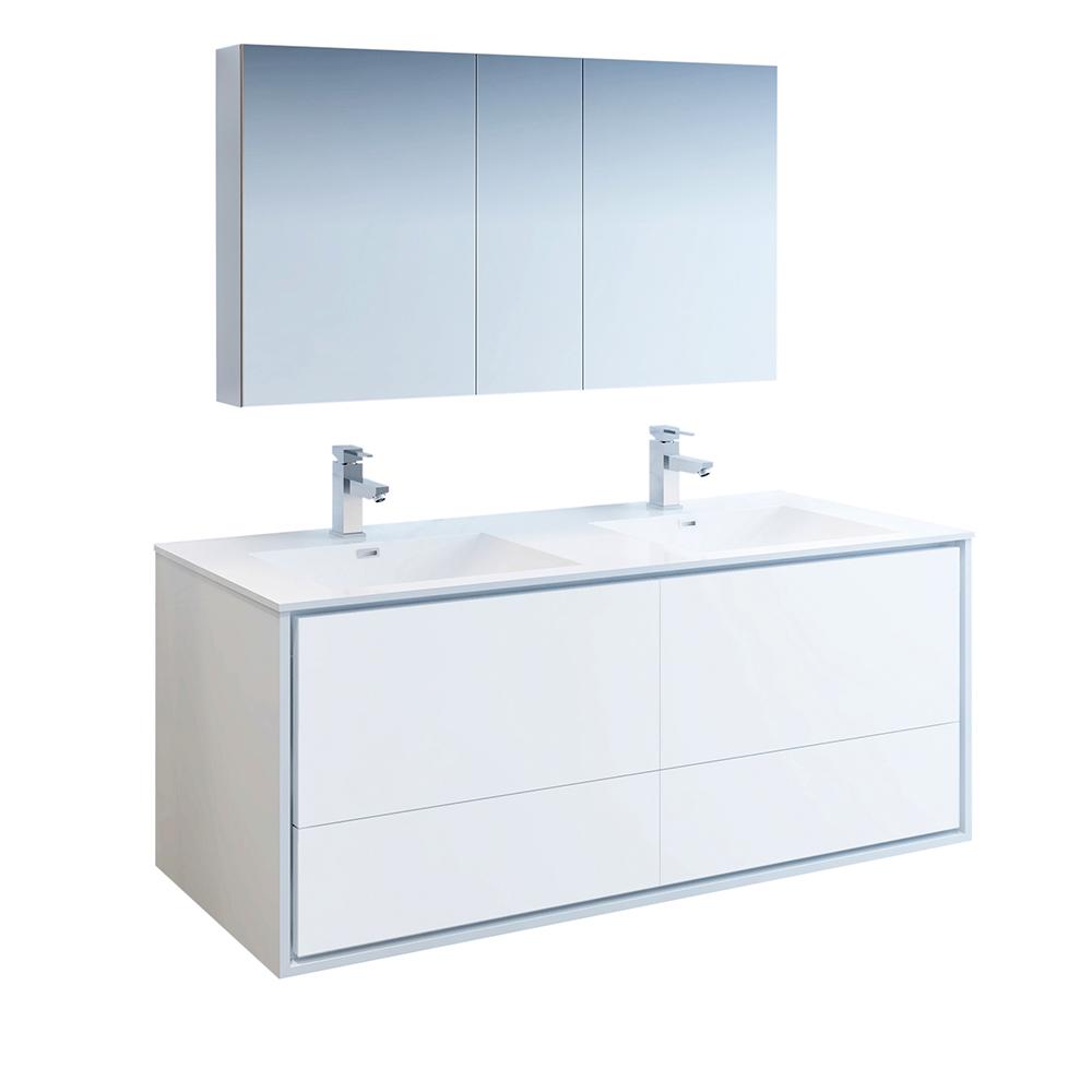 Fresca Catania 60" Wall Hung Double Sink Modern Bathroom Vanity w/ Medicine Cabinet Vanity Fresca Glossy White 