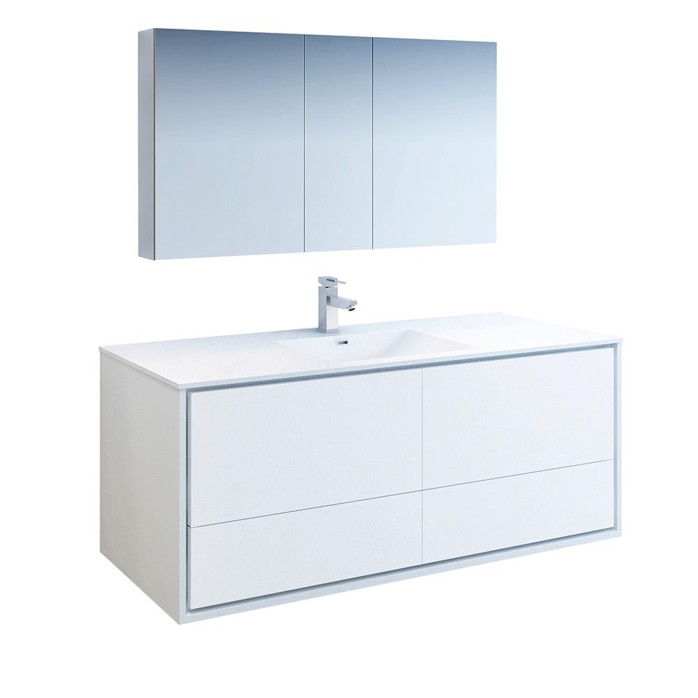 Fresca Catania 60" Wall Hung Single Sink Modern Bathroom Vanity w/ Medicine Cabinet Vanity Fresca Glossy White 