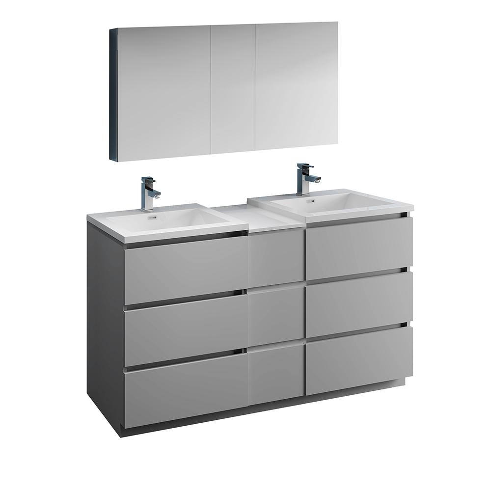 Fresca Lazzaro 60" Free Standing Double Sink Modern Bathroom Vanity w/ Medicine Cabinet Vanity Fresca Gray 