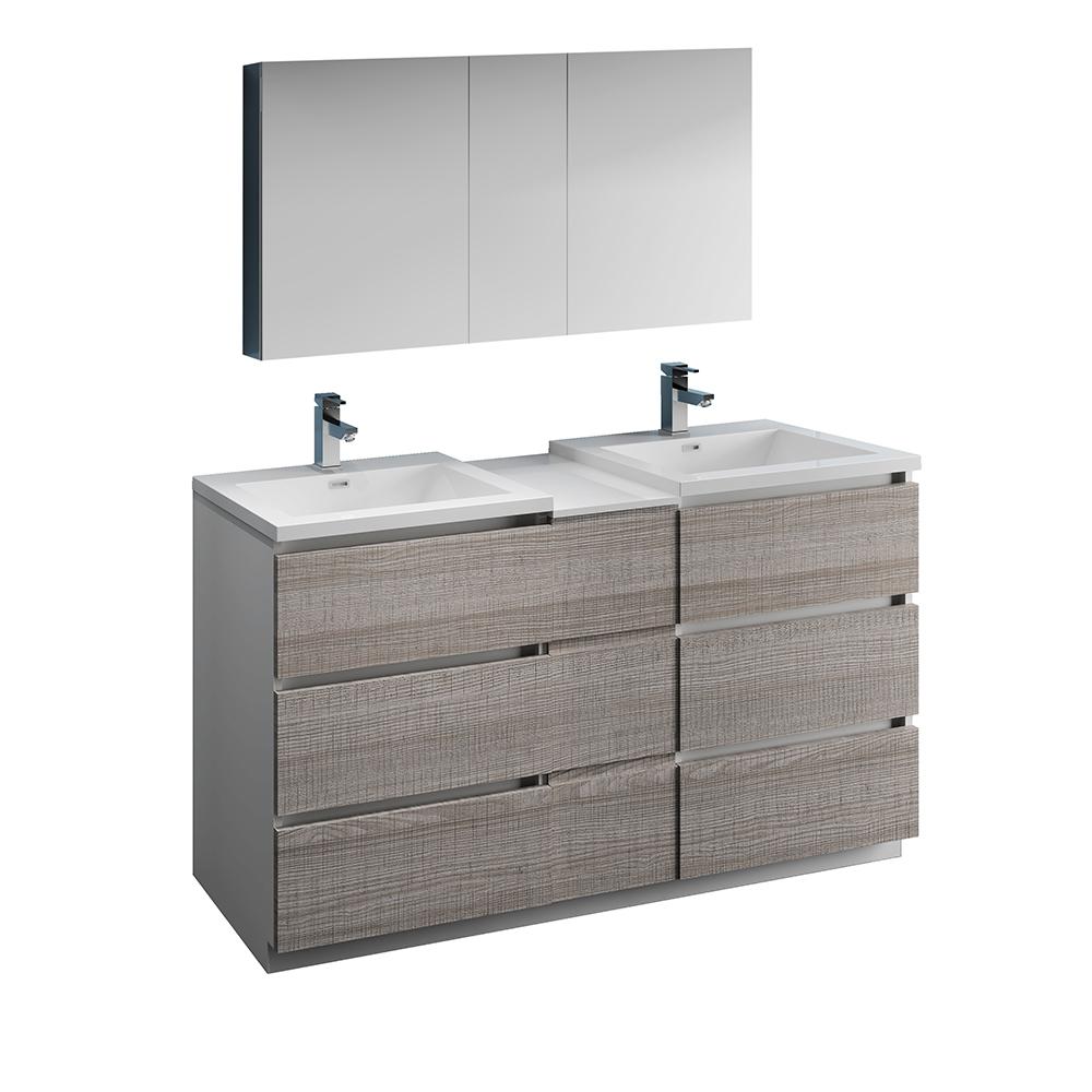 Fresca Lazzaro 60" Free Standing Double Sink Modern Bathroom Vanity w/ Medicine Cabinet Vanity Fresca Glossy Ash Gray 
