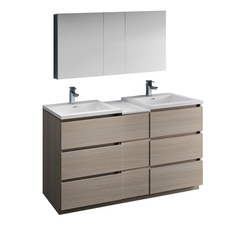 Fresca Lazzaro 60" Free Standing Double Sink Modern Bathroom Vanity w/ Medicine Cabinet Vanity Fresca Gray Wood 
