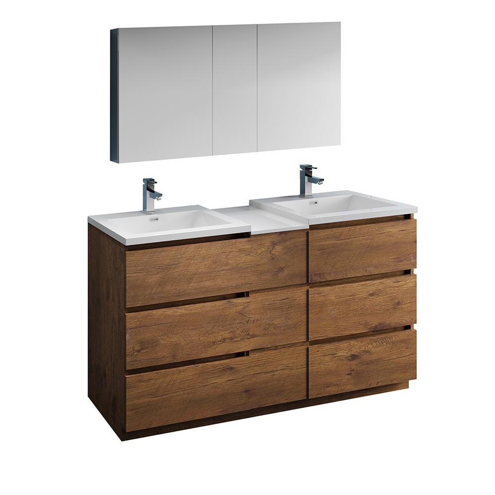 Fresca Lazzaro 60" Free Standing Double Sink Modern Bathroom Vanity w/ Medicine Cabinet Vanity Fresca Rosewood 