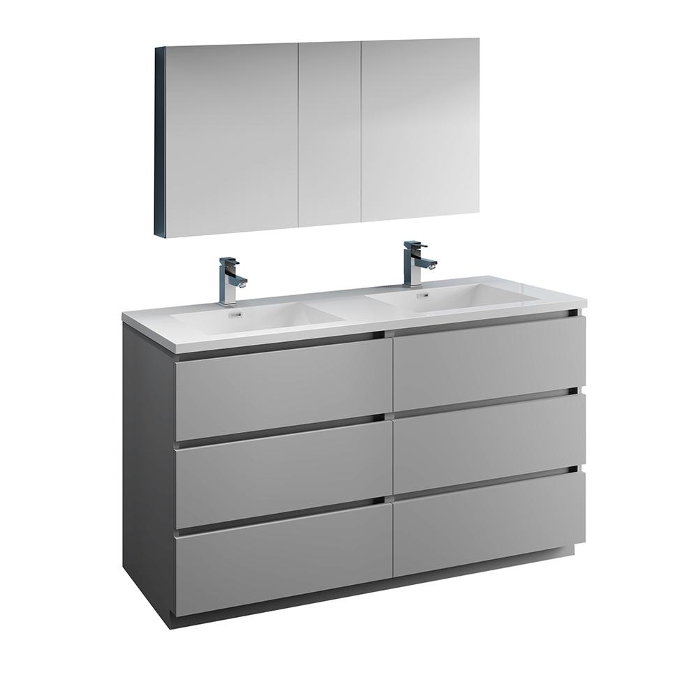 Fresca Lazzaro 60" Free Standing Double Sink Modern Bathroom Vanity w/ Medicine Cabinet Vanity Fresca Gray 