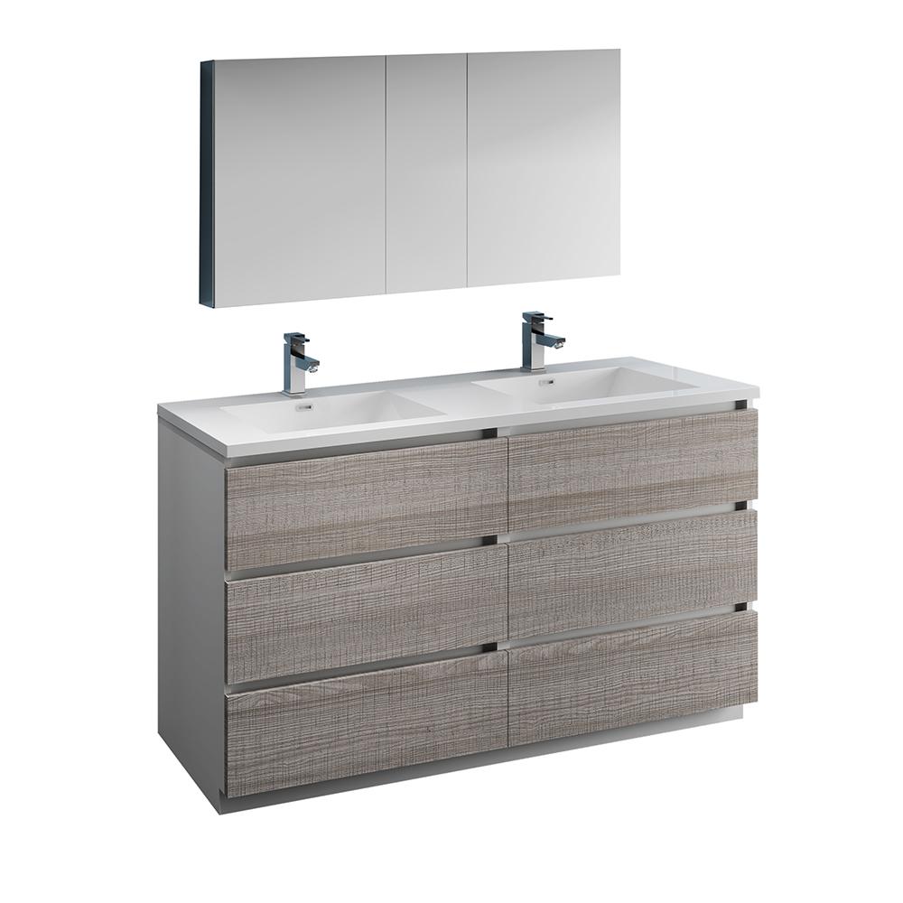 Fresca Lazzaro 60" Free Standing Double Sink Modern Bathroom Vanity w/ Medicine Cabinet Vanity Fresca Glossy Ash Gray 