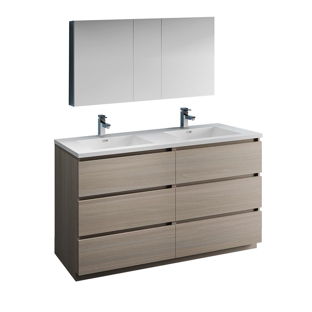 Fresca Lazzaro 60" Free Standing Double Sink Modern Bathroom Vanity w/ Medicine Cabinet Vanity Fresca Gray Wood 