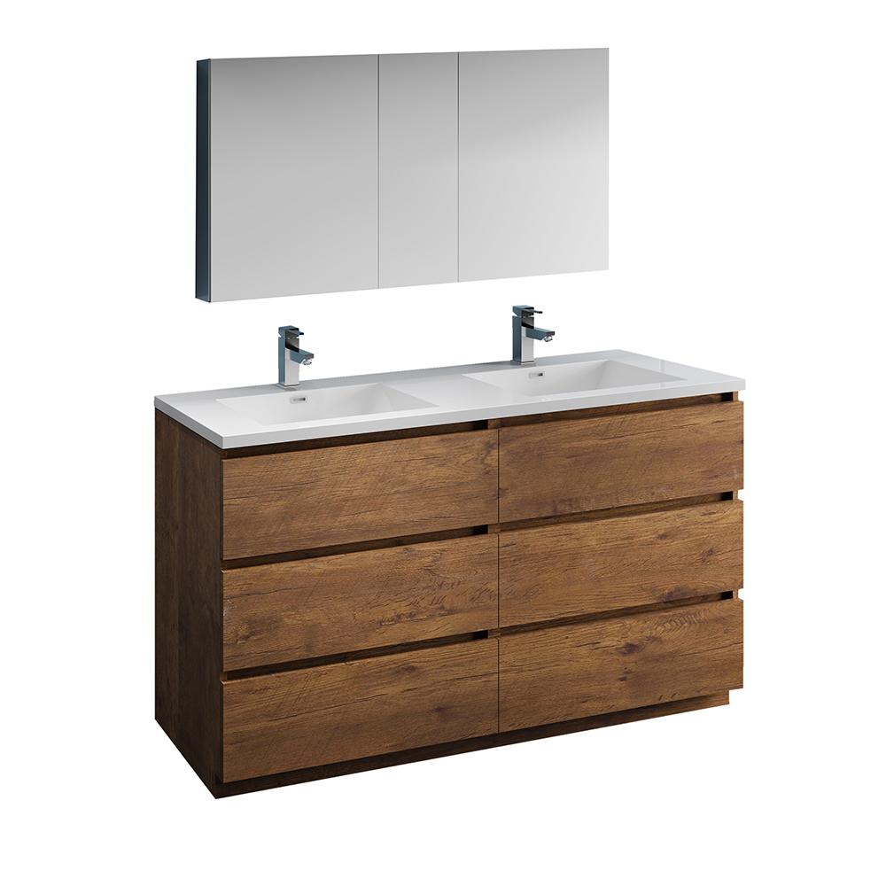 Fresca Lazzaro 60" Free Standing Double Sink Modern Bathroom Vanity w/ Medicine Cabinet Vanity Fresca Rosewood 