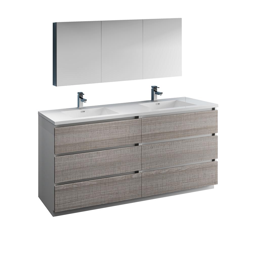 Fresca Lazzaro 72" Free Standing Double Sink Modern Bathroom Vanity w/ Medicine Cabinet Vanity Fresca Glossy Ash Gray 