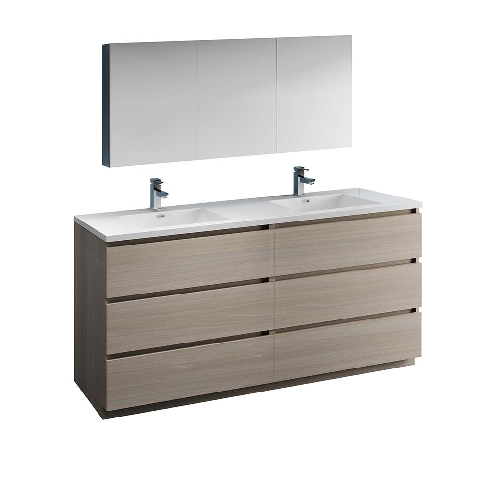 Fresca Lazzaro 72" Free Standing Double Sink Modern Bathroom Vanity w/ Medicine Cabinet Vanity Fresca Gray Wood 
