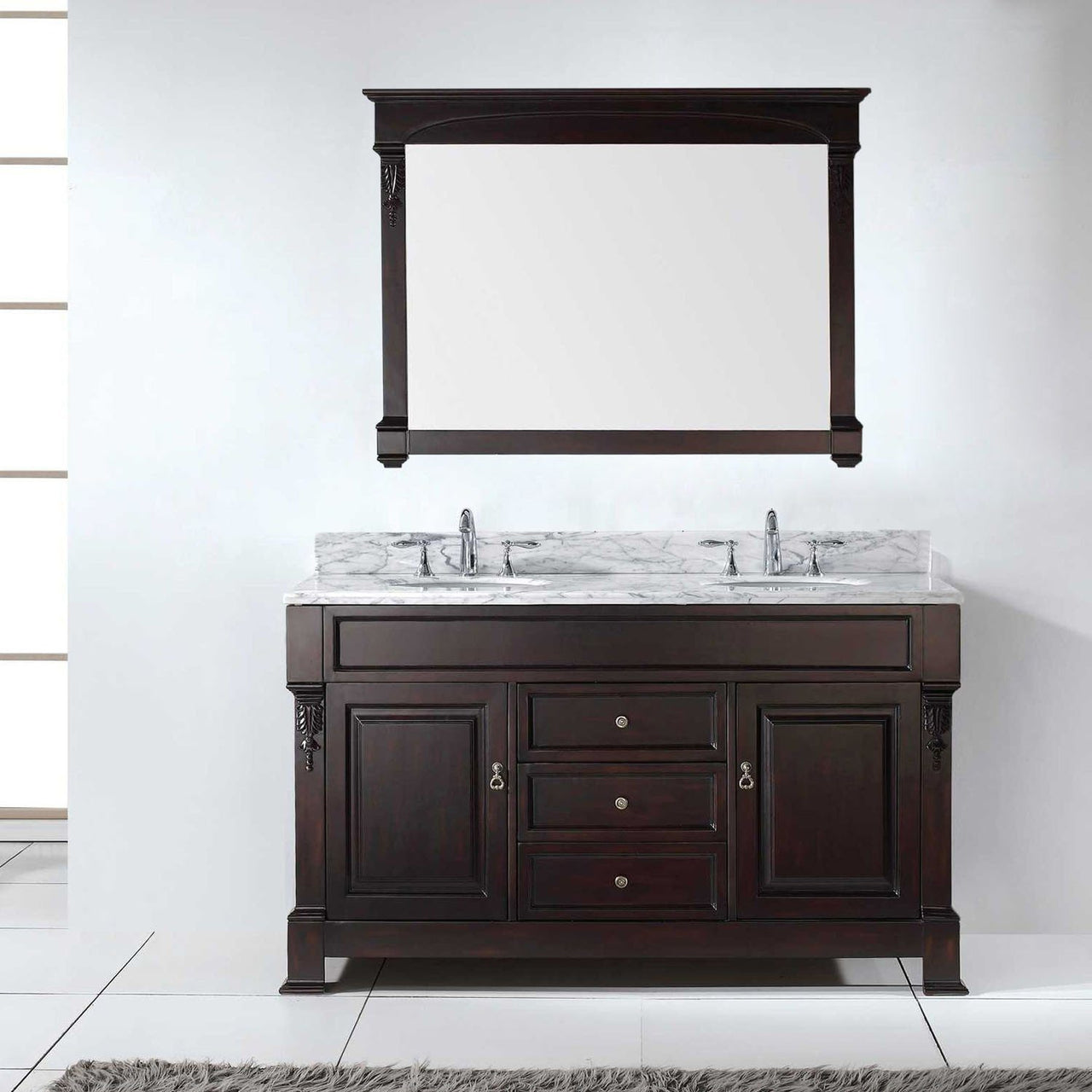 Virtu USA Huntshire 60" Double Round Sink Dark Walnut Top Vanity in Dark Walnut with Mirror Vanity Virtu USA 