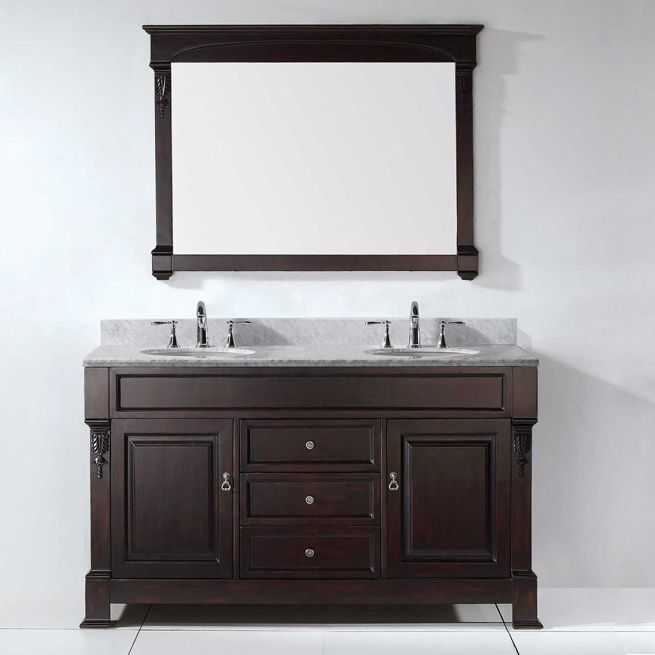 Virtu USA Huntshire 60" Double Round Sink Dark Walnut Top Vanity in Dark Walnut with Mirror Vanity Virtu USA 