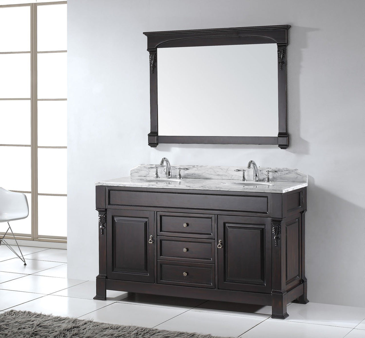 Virtu USA Huntshire 60" Double Round Sink Dark Walnut Top Vanity in Dark Walnut with Mirror Vanity Virtu USA 