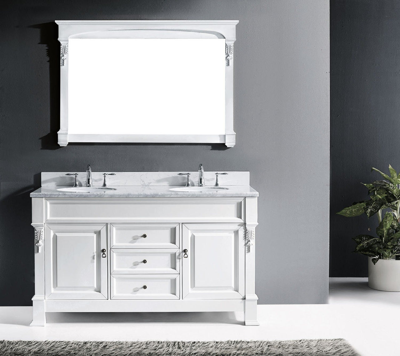 Virtu USA Huntshire 60" Double Round Sink White Top Vanity in White with Mirror Vanity Virtu USA 