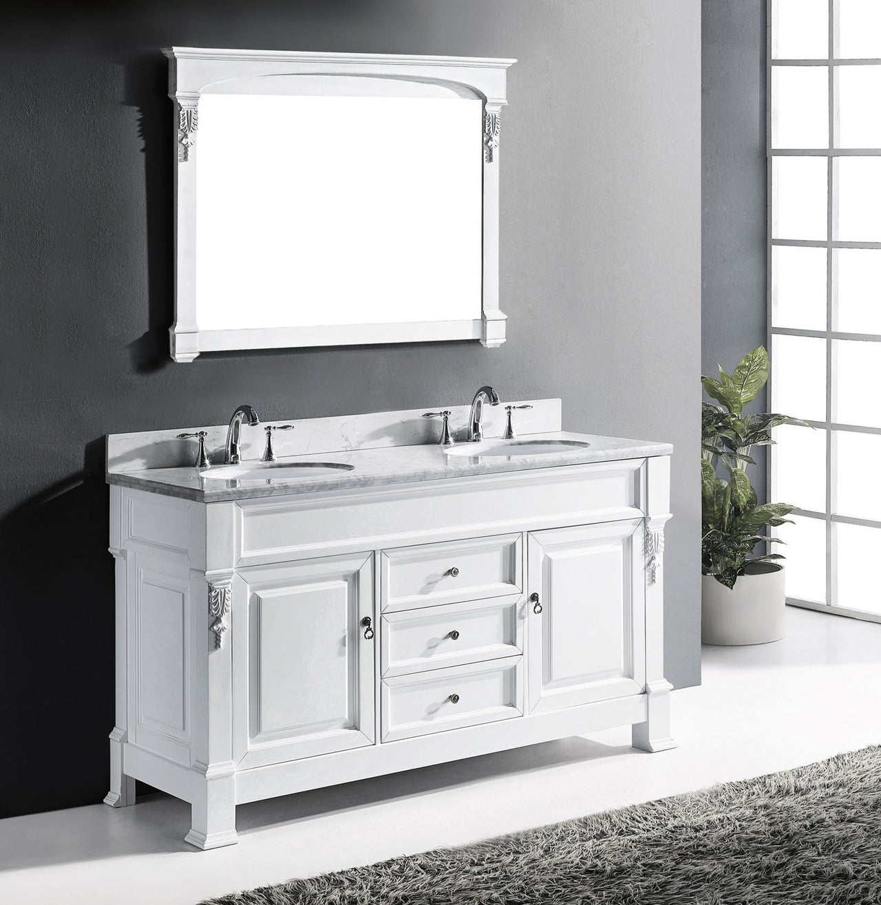 Virtu USA Huntshire 60" Double Round Sink White Top Vanity in White with Mirror Vanity Virtu USA 