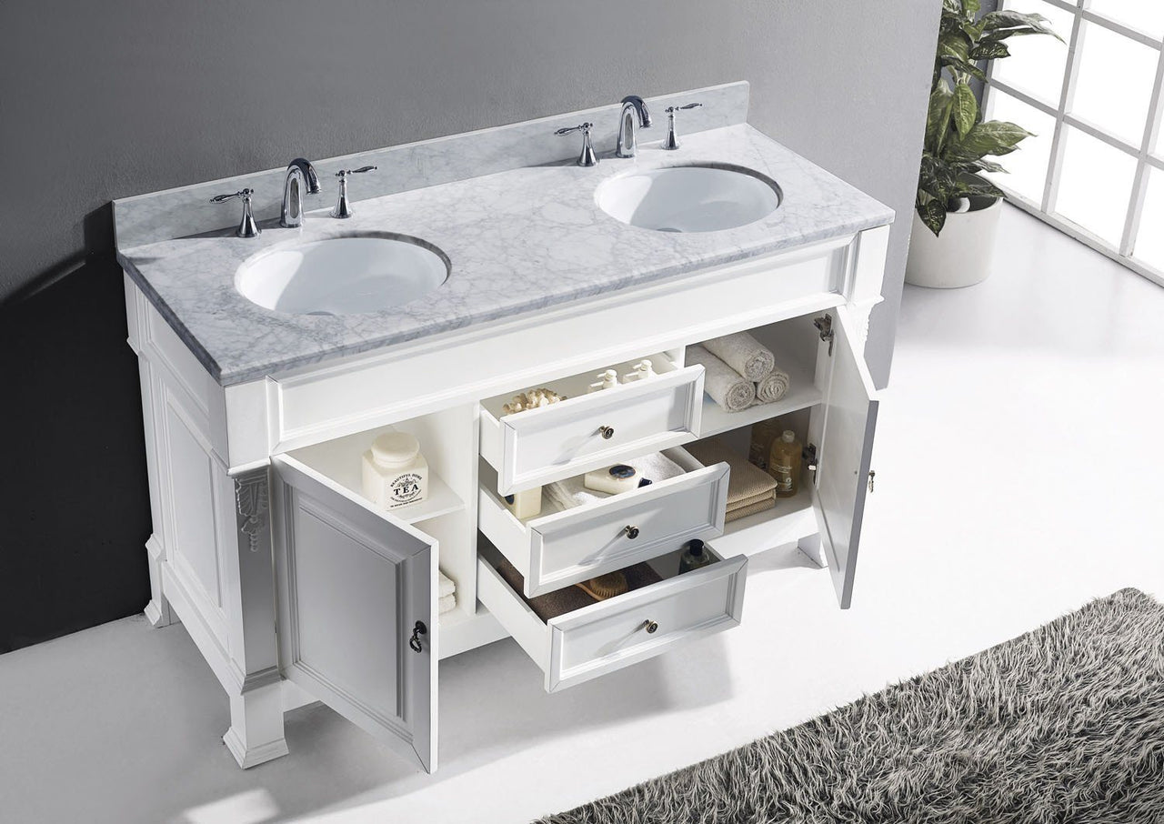 Virtu USA Huntshire 60" Double Round Sink White Top Vanity in White with Mirror Vanity Virtu USA 