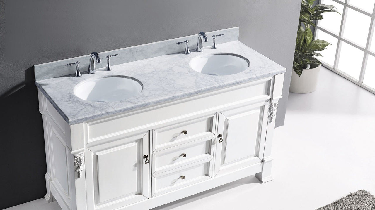 Virtu USA Huntshire 60" Double Round Sink White Top Vanity in White with Mirror Vanity Virtu USA 