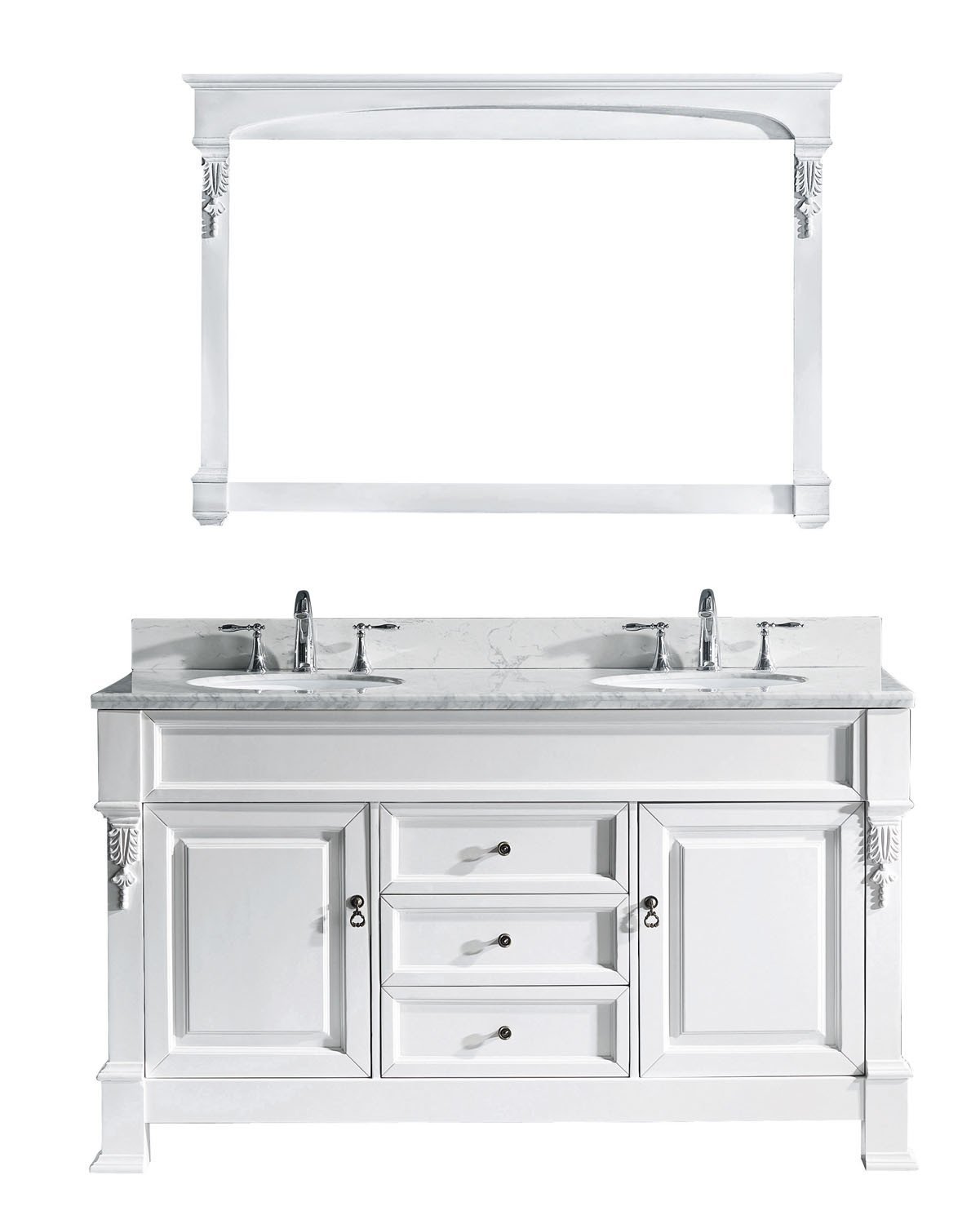 Virtu USA Huntshire 60" Double Round Sink White Top Vanity in White with Mirror Vanity Virtu USA 