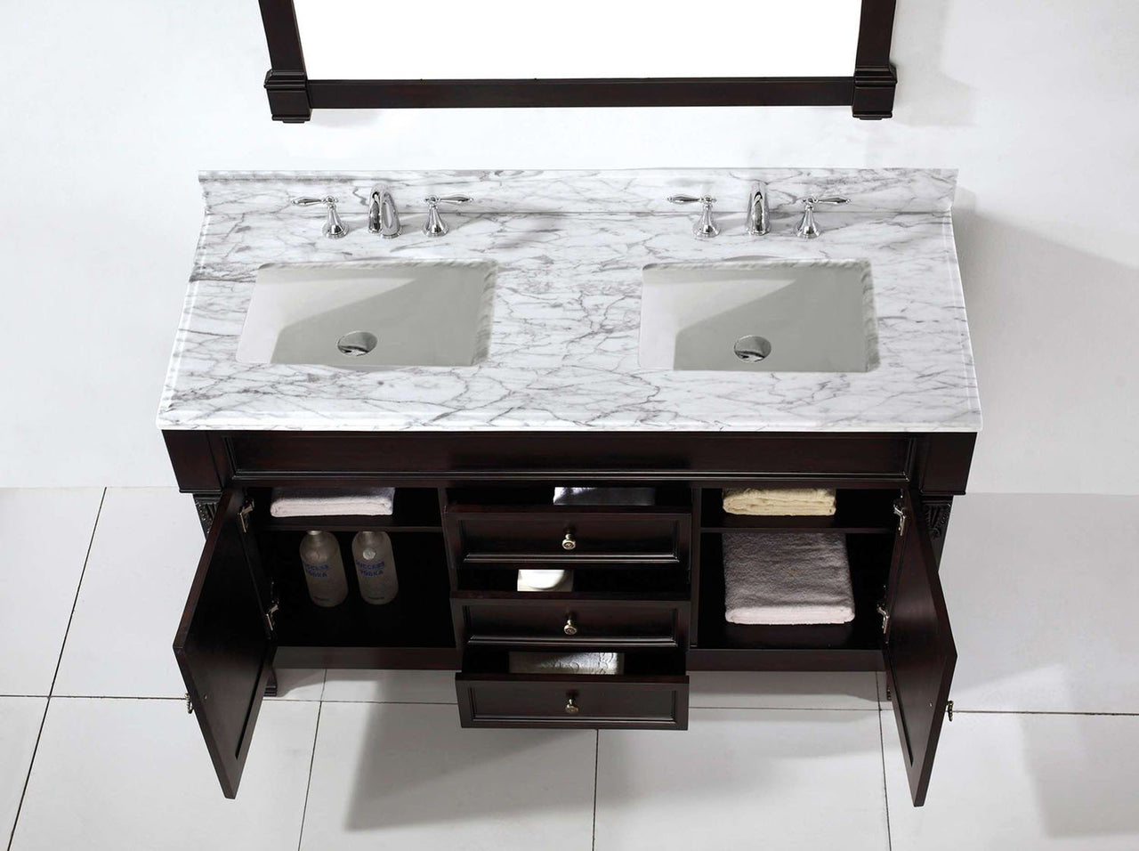 Virtu USA Huntshire 60" Double Square Sink Dark Walnut Top Vanity in Dark Walnut with Mirror Vanity Virtu USA 