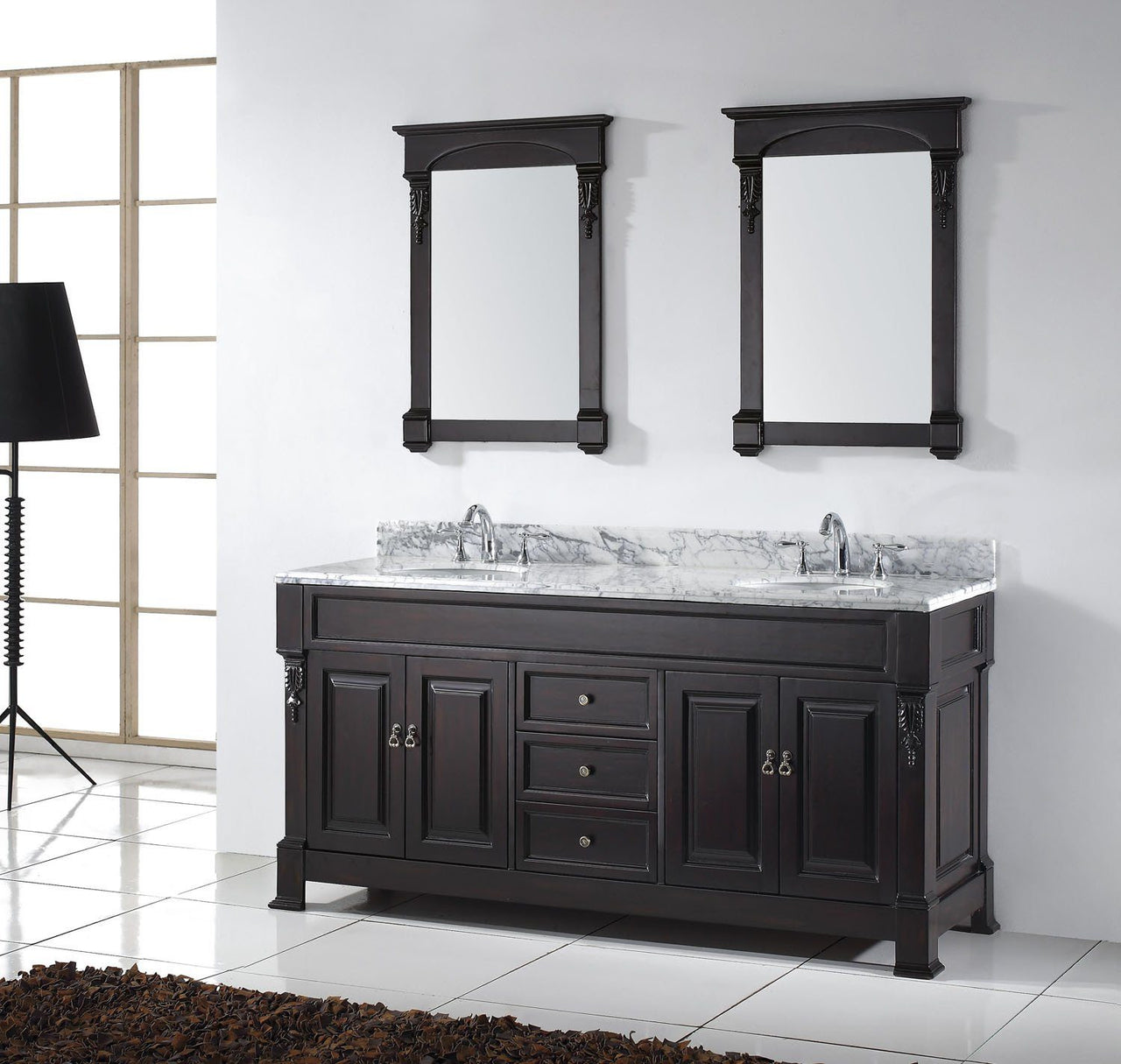 Virtu USA Huntshire 72" Double Round Sink Dark Walnut Top Vanity in Dark Walnut with Mirrors Vanity Virtu USA 