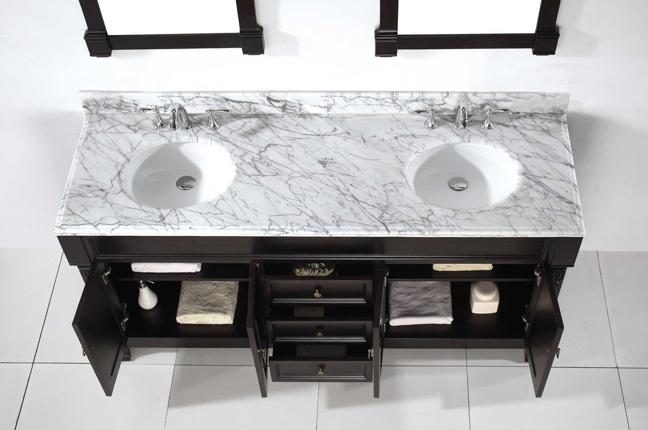 Virtu USA Huntshire 72" Double Round Sink Dark Walnut Top Vanity in Dark Walnut with Mirrors Vanity Virtu USA 