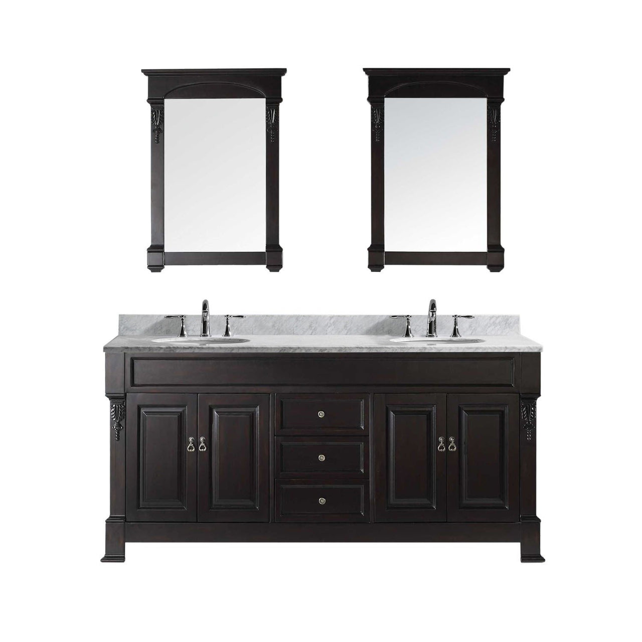 Virtu USA Huntshire 72" Double Round Sink Dark Walnut Top Vanity in Dark Walnut with Mirrors Vanity Virtu USA 