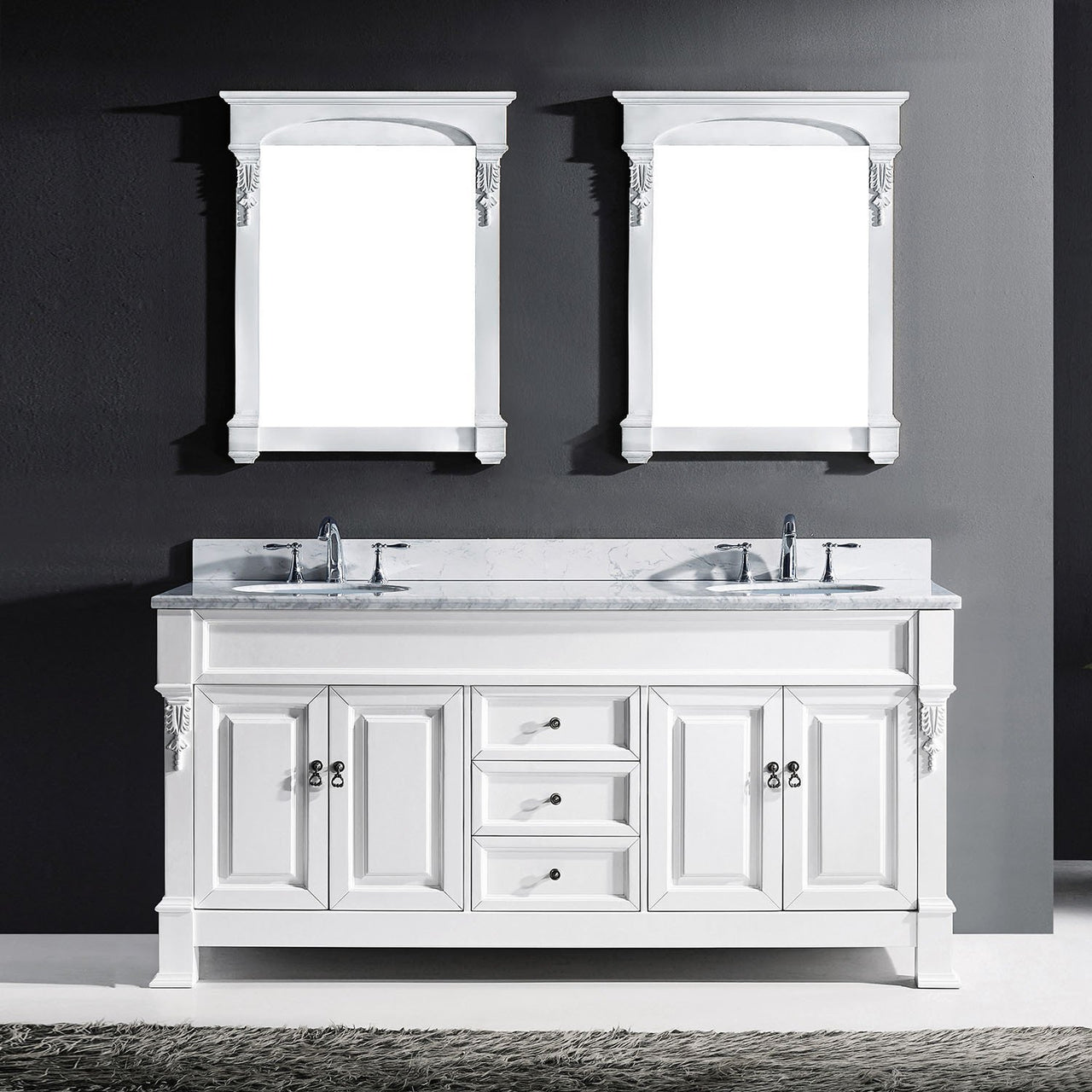 Virtu USA Huntshire 72" Double Round Sink White Top Vanity in White with Mirrors Vanity Virtu USA 