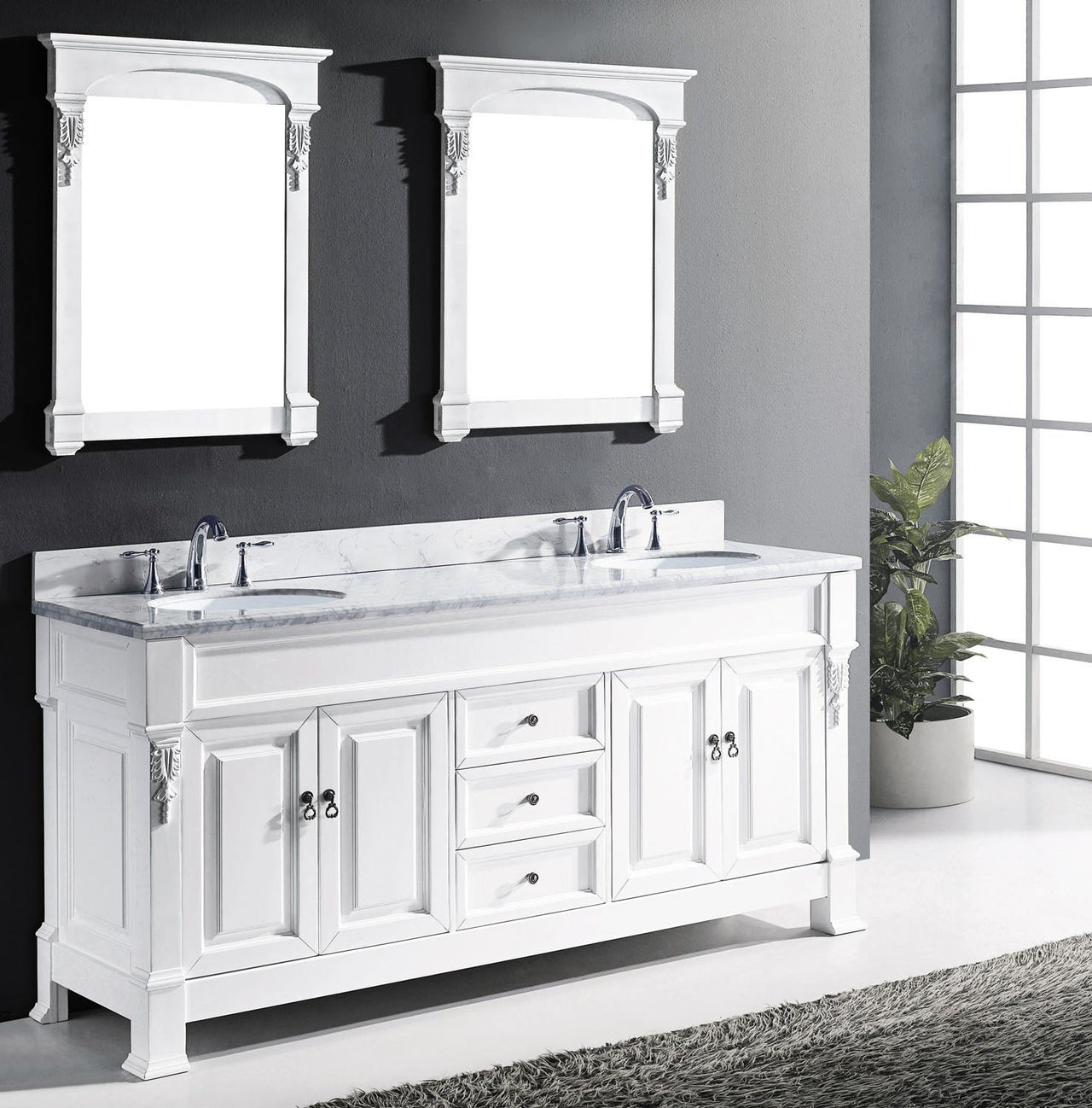 Virtu USA Huntshire 72" Double Round Sink White Top Vanity in White with Mirrors Vanity Virtu USA 